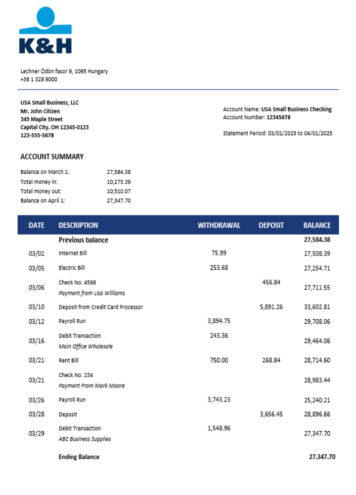 Download Hungary K&H firm account statement Word  and PDF format Photoshop template